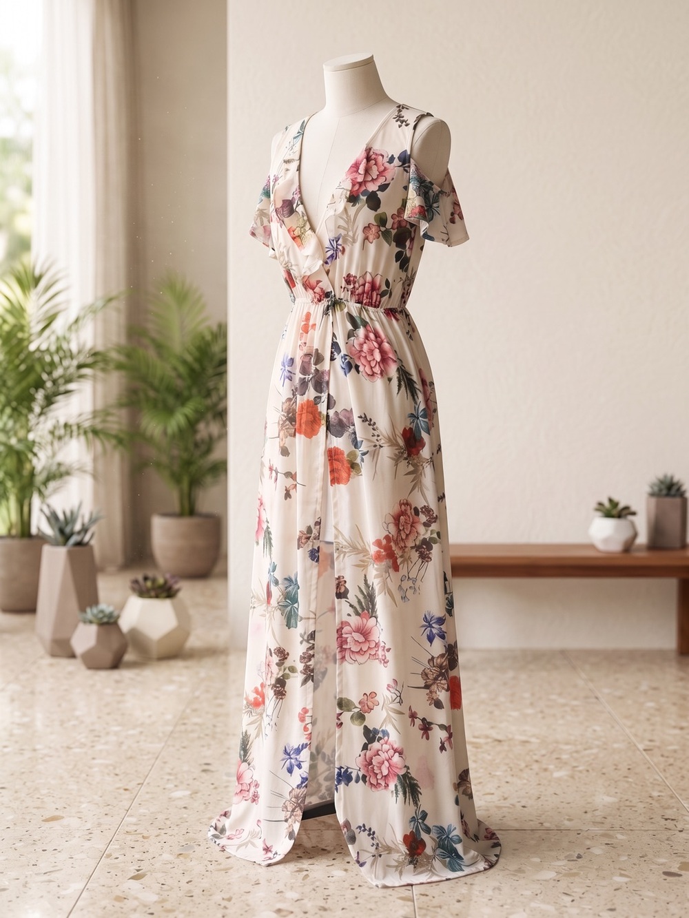 Boho Floral Maxi Overlay Dress Flutter Sleeve High Low White Romper Underlay GUC
